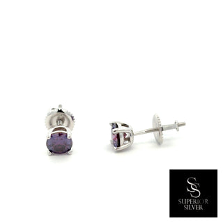 Violet round solitaire moissanite stud earrings in sterling silver