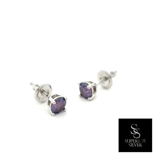 Violet round solitaire moissanite stud earrings in sterling silver, view 2