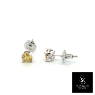 Yellow round solitaire moissanite stud earrings in sterling silver