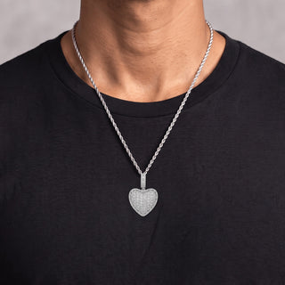 Column-Pavé Puffed Heart with Beaded Frame Moissanite Pendant in sterling silver, worn on model