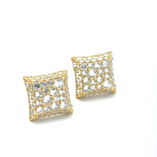 Concave square iced cluster moissanite stud earrings in yellow gold vermeil over sterling silver