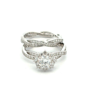 Crisscross pavé six-prong solitaire moissanite ring in sterling silver, view 3
