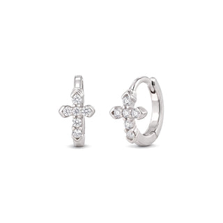 Cross charm moissanite huggie hoop earrings in sterling silver