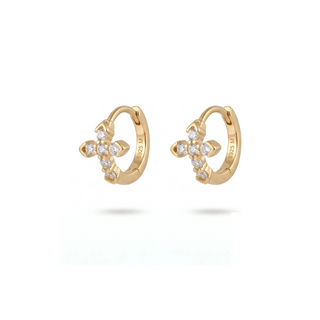 Cross charm moissanite huggie hoop earrings in yellow gold vermeil