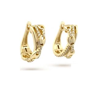 Crossover pavé and polished link moissanite hoop earrings in yellow gold vermeil over sterling silver