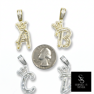 Crown CZ Initial Letter Pendants A B C D, 925 Sterling Silver & 14kt Gold Over - Size Comparison