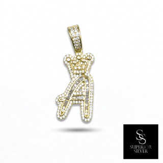 Crown CZ Letter A Initial Pendant, 925 Sterling Silver & 14kt Gold Over - Close Up