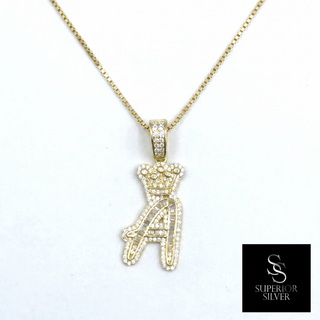 Crown CZ Letter A Initial Pendant, 925 Sterling Silver & 14kt Gold Over - On Chain