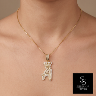 Crown CZ Letter A Initial Pendant, 925 Sterling Silver & 14kt Gold Over - Worn on Model