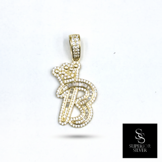 Crown CZ Letter B Initial Pendant, 925 Sterling Silver & 14kt Gold Over - Close Up