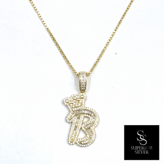 Crown CZ Letter B Initial Pendant, 925 Sterling Silver & 14kt Gold Over - On Chain