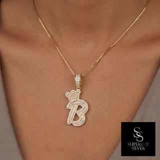 Crown CZ Letter B Initial Pendant, 925 Sterling Silver & 14kt Gold Over - Worn on Model