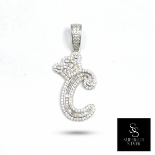 Crown CZ Letter C Initial Pendant, 925 Sterling Silver & 14kt Gold Over - Close Up