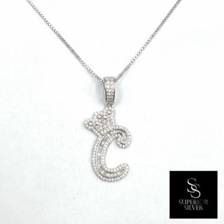 Crown CZ Letter C Initial Pendant, 925 Sterling Silver & 14kt Gold Over - On Chain