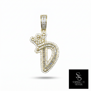Crown CZ Letter D Initial Pendant, 925 Sterling Silver & 14kt Gold Over - Close Up