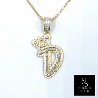 Crown CZ Letter D Initial Pendant, 925 Sterling Silver & 14kt Gold Over - On Chain