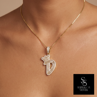 Crown CZ Letter D Initial Pendant, 925 Sterling Silver & 14kt Gold Over - Worn on Model