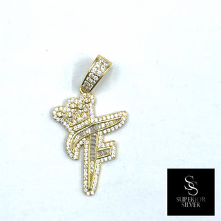 Crown CZ Letter F Initial Pendant, 925 Sterling Silver & 14kt Gold Over