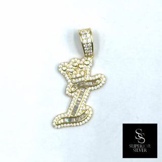 Crown CZ Letter I Initial Pendant, 925 Sterling Silver & 14kt Gold Over
