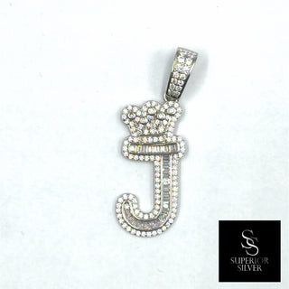 Crown CZ Letter J Initial Pendant, 925 Sterling Silver & 14kt Gold Over