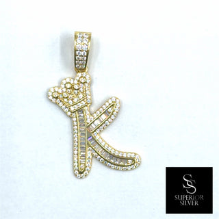 Crown CZ Letter K Initial Pendant, 925 Sterling Silver & 14kt Gold Over