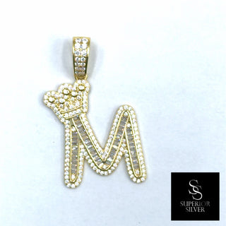 Crown CZ Letter M Initial Pendant, 925 Sterling Silver & 14kt Gold Over