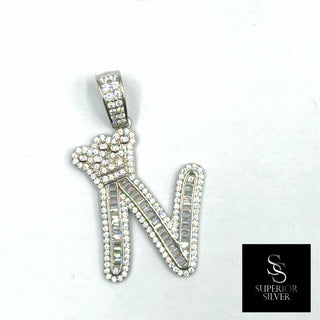 Crown CZ Letter N Initial Pendant, 925 Sterling Silver & 14kt Gold Over
