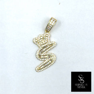 Crown CZ Letter S Initial Pendant, 925 Sterling Silver & 14kt Gold Over