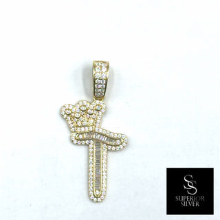 Crown CZ Letter T Initial Pendant, 925 Sterling Silver & 14kt Gold Over