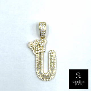 Crown CZ Letter U Initial Pendant, 925 Sterling Silver & 14kt Gold Over