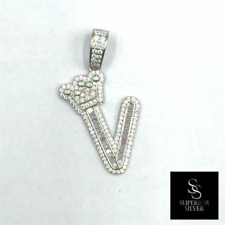 Crown CZ Letter V Initial Pendant, 925 Sterling Silver & 14kt Gold Over