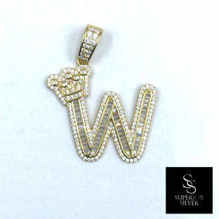 Crown CZ Letter W Initial Pendant, 925 Sterling Silver & 14kt Gold Over