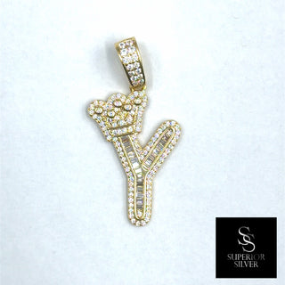 Crown CZ Letter Y Initial Pendant, 925 Sterling Silver & 14kt Gold Over