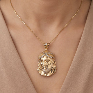 Superior Silver 10K yellow gold Jesus pendant with CZ stone crown of thorns worn on a gold chain