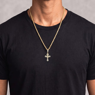 Crowned Lion Cross Moissanite Pendant in yellow gold vermeil, worn on model