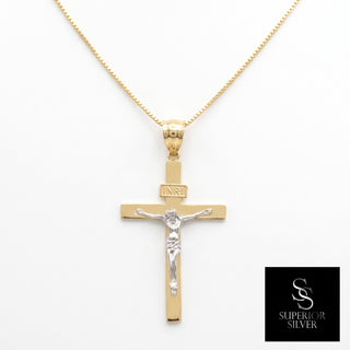 Crucifix Jesus on Cross 10K Yellow Gold Pendant on a box chain