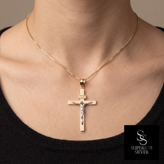 Crucifix Jesus on Cross 10K Yellow Gold Pendant worn on a model
