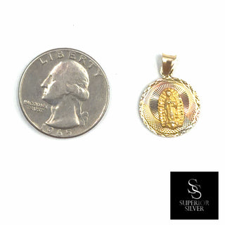 Crucifix Jesus on Cross 14K Yellow Gold Pendant size comparison next to a US quarter
