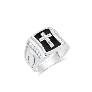 Crucifix on Black Onyx Signet with Channel Sides Moissanite Ring in sterling silver