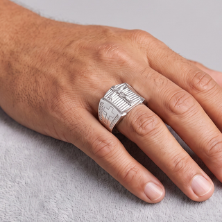 Crucifix Signet with Cross Shoulders Moissanite Ring in sterling silver, worn on hand