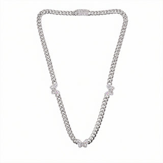 Cuban Link with Pavé Butterfly Stations Moissanite Necklace in sterling silver