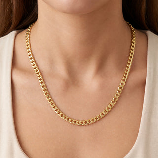 Superior Silver 20-inch curb link chain made of 14kt yellow gold over solid 925 sterling silver worn on a model