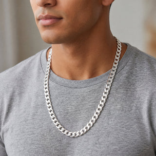 Curb link rhodium over 925 sterling silver chain 26 inch 9.3mm on model neckline