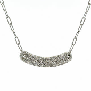 Curved pavé bar paperclip moissanite necklace in sterling silver