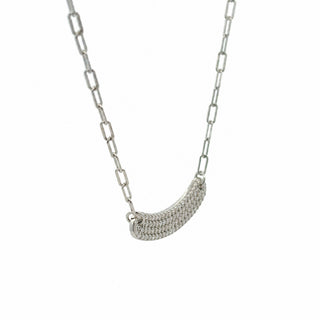 Curved pavé bar paperclip moissanite necklace in sterling silver, view 2