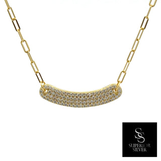 Curved pavé bar paperclip moissanite necklace in yellow gold vermeil over sterling silver