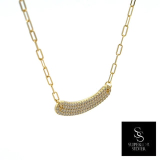 Curved pavé bar paperclip moissanite necklace in yellow gold vermeil over sterling silver, view 2