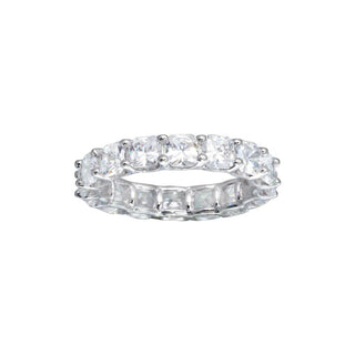 Cushion-Cut Shared-Prong Eternity Band Moissanite Ring in sterling silver