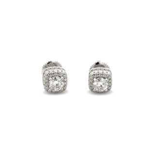 Cushion double halo moissanite stud earrings in sterling silver