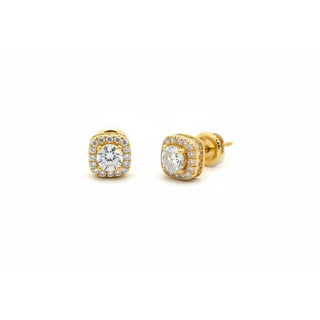 Cushion double halo moissanite stud earrings in yellow gold vermeil over sterling silver